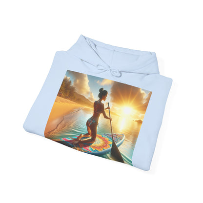 Luxury Fantasy Paddleboarding Unisex Hooded Sweatshirt elegantly displayed, showcasing a stunning sunset paddleboarding graphic, ideal for adventure lovers and beachgoers.
