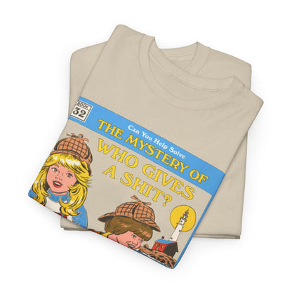 Premium quality t-shirts stacked elegantly, each adorned with the whimsical cover design of 'The Mystery of Who Gives a Shit?' highlighting child detectives, suitable for a whimsical yet refined wardrobe.