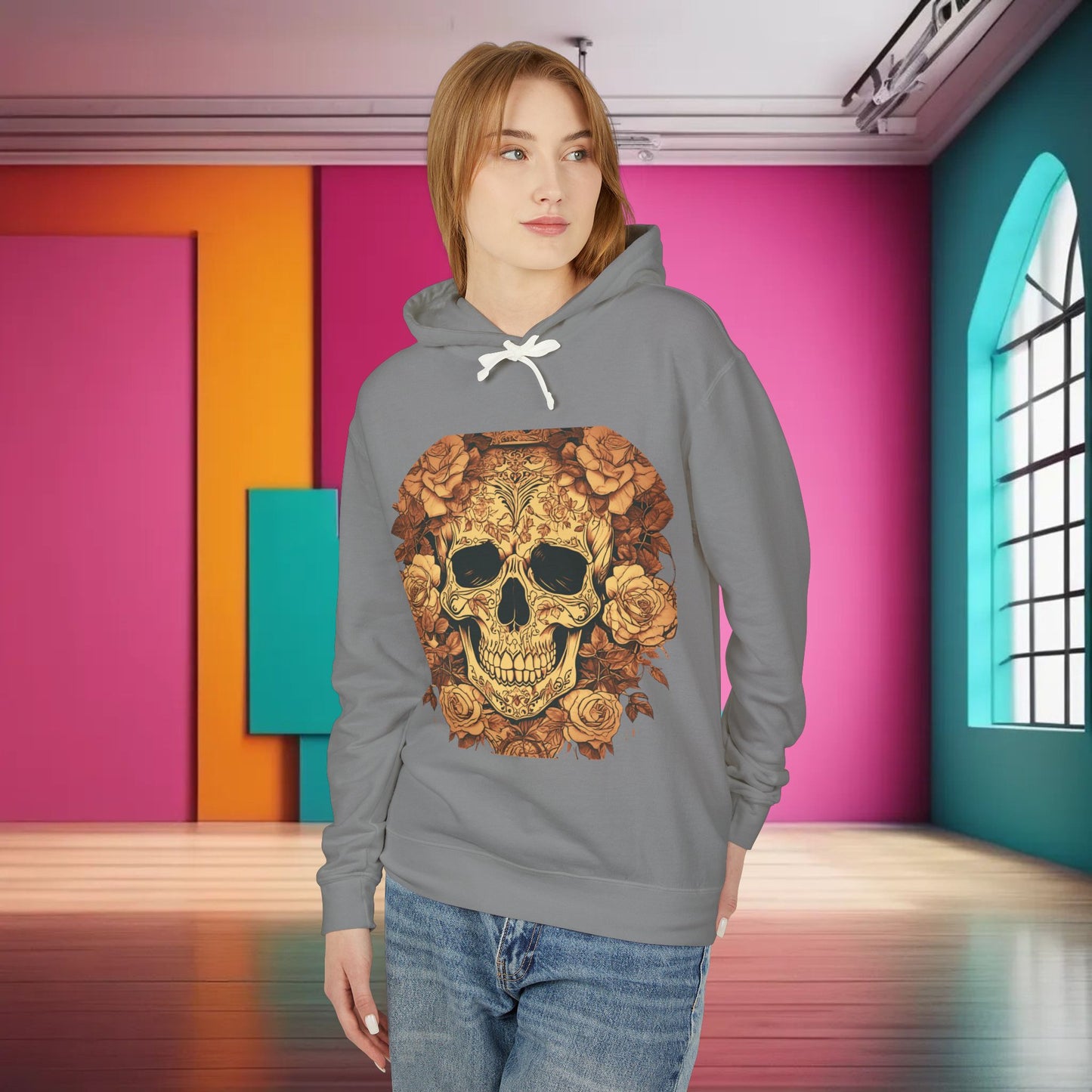 Unisex Lightweight Hooded Sweatshirt unique designer skull and roses