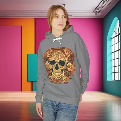 A fashion-forward model wearing the Unisex Lightweight Hooded Sweatshirt featuring a striking designer skull and roses motif in grey, perfect for expressing individual style.