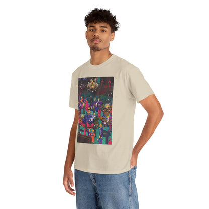 Stylish unisex graphic cotton t-shirt adorned with an artistic Squid Game-inspired design, worn casually to exemplify an edgy yet refined fashion statement.