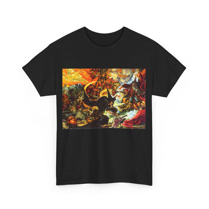 Front view of the black Discworld Equal Rites Graphic Unisex Tee displaying intricate artwork, a statement piece for lovers of high-end literary fashion.