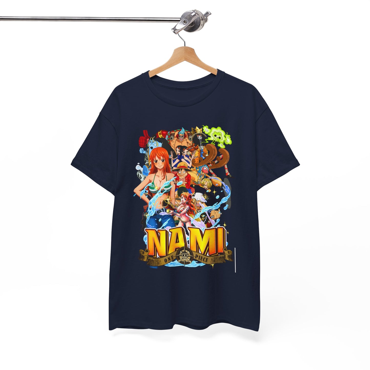 Stylish men's t-shirt displayed on a hanger with an eye-catching Nami graphic from One Piece, ideal for casual or fashionable outings.