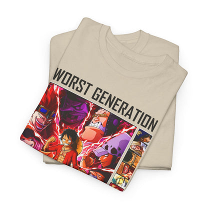 Elegant stacked T-shirts in beige with striking 'Worst Generation' print, highlighting popular anime characters suited for fashion-forward fans.
