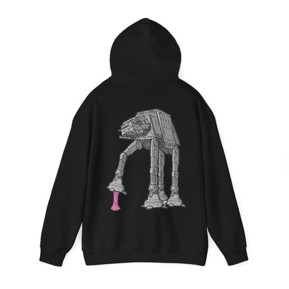 Dynamic Back Print Hoodie featuring Rebel Gum Star Wars AT-AT with Pink Gum, showcasing an exquisite grayscale illustration of the iconic AT-AT with vibrant pink accents.