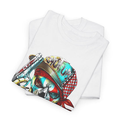 Chic men's white t-shirt featuring an intricate skull design, draped elegantly, highlighting a lifestyle of audacious fashion and unique expression.
