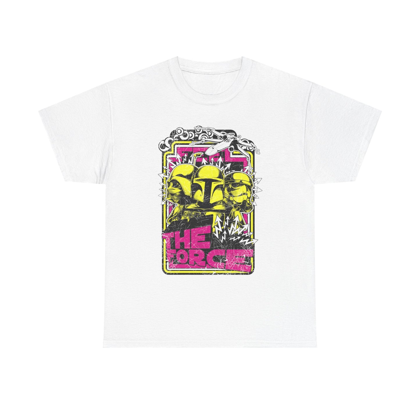 Epic Star Wars Graphic T-Shirt for Men featuring bold Stormtrooper and Mandalorian designs, complemented by vibrant 'The Force' typography and dynamic cosmic elements, perfect for fans seeking a luxurious and eye-catching addition to their wardrobe.