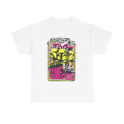 Epic Star Wars Graphic T-Shirt for Men featuring bold Stormtrooper and Mandalorian designs, complemented by vibrant 'The Force' typography and dynamic cosmic elements, perfect for fans seeking a luxurious and eye-catching addition to their wardrobe.