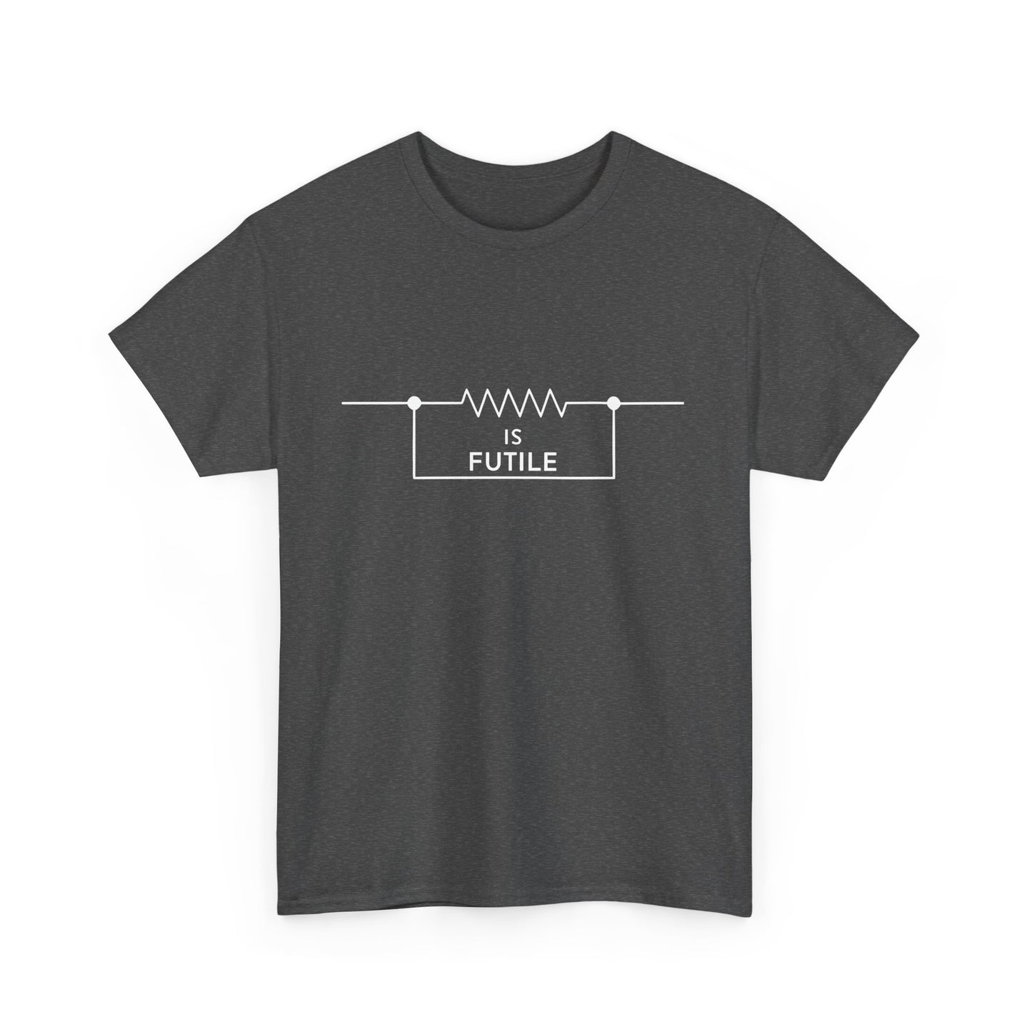 Elegant unisex graphic tee displaying a striking Borg-inspired resistor graphic with the words 'IS FUTILE' in a modern and stylish font against a dark gray fabric.
