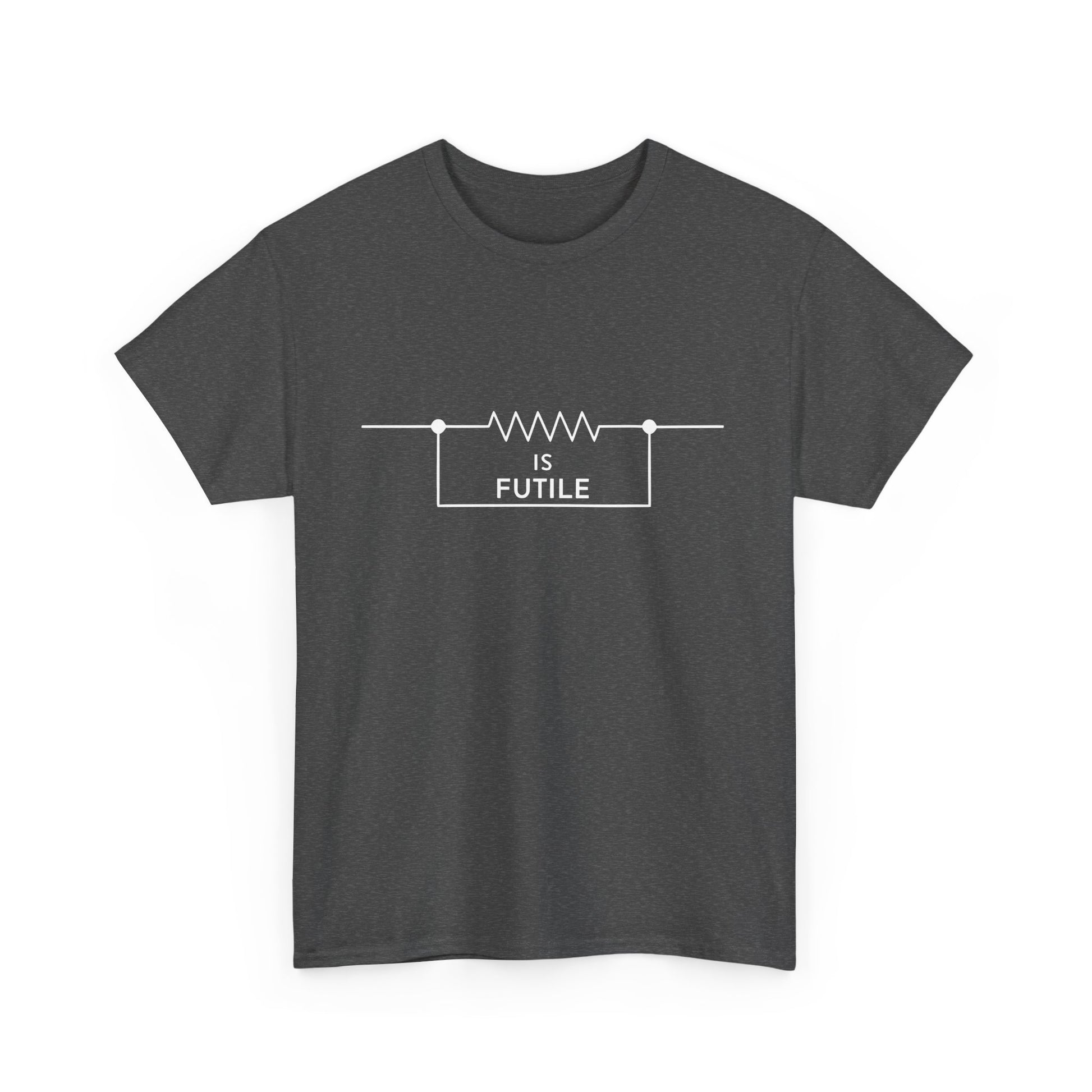 Elegant unisex graphic tee displaying a striking Borg-inspired resistor graphic with the words 'IS FUTILE' in a modern and stylish font against a dark gray fabric.
