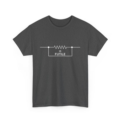 Elegant unisex graphic tee displaying a striking Borg-inspired resistor graphic with the words 'IS FUTILE' in a modern and stylish font against a dark gray fabric.