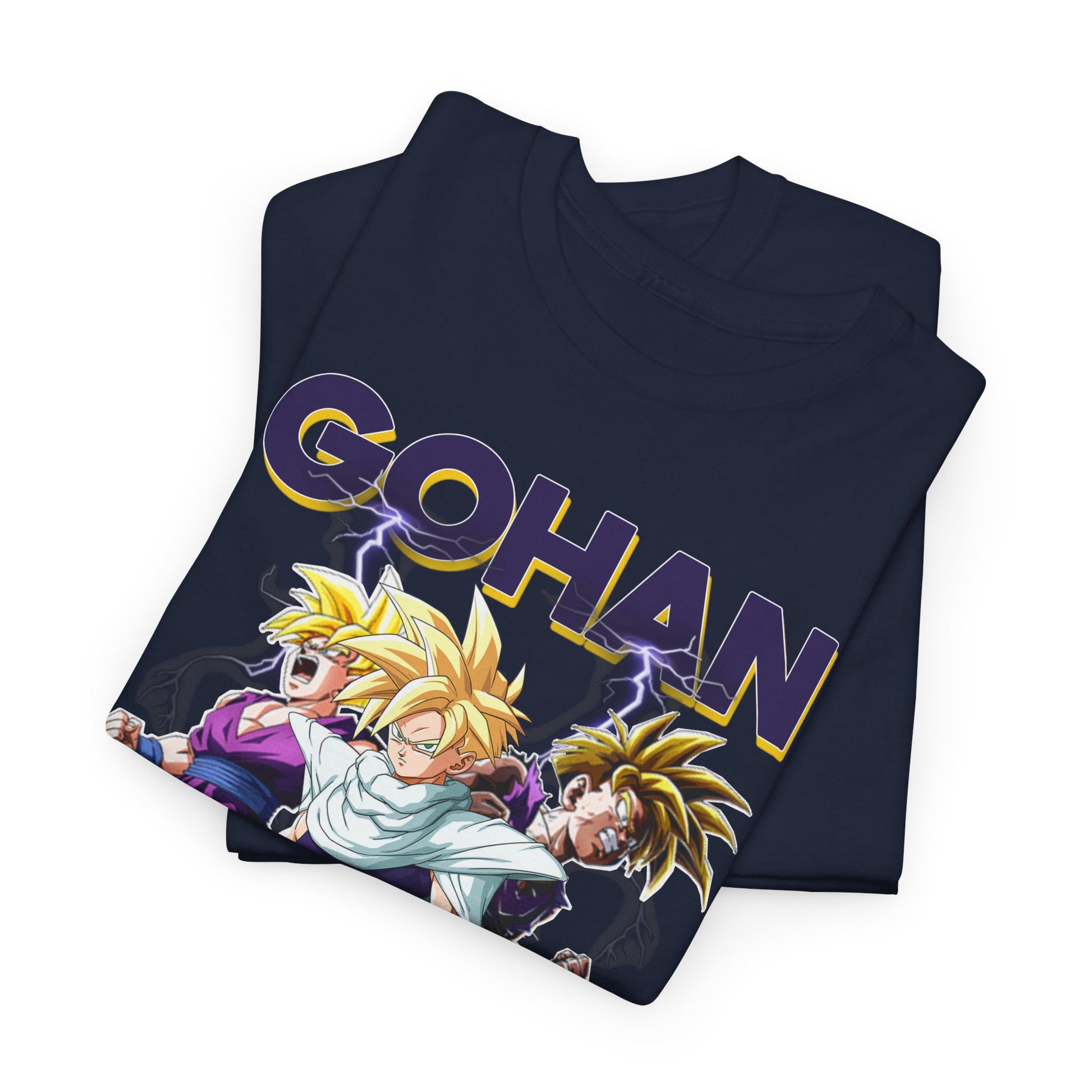 Folded Gohan Ascends T-Shirt displaying striking detailing and vibrant colours, reflecting a blend of luxury and anime culture.