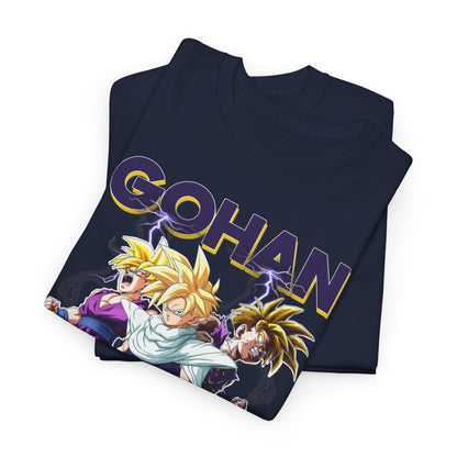 Folded Gohan Ascends T-Shirt displaying striking detailing and vibrant colours, reflecting a blend of luxury and anime culture.