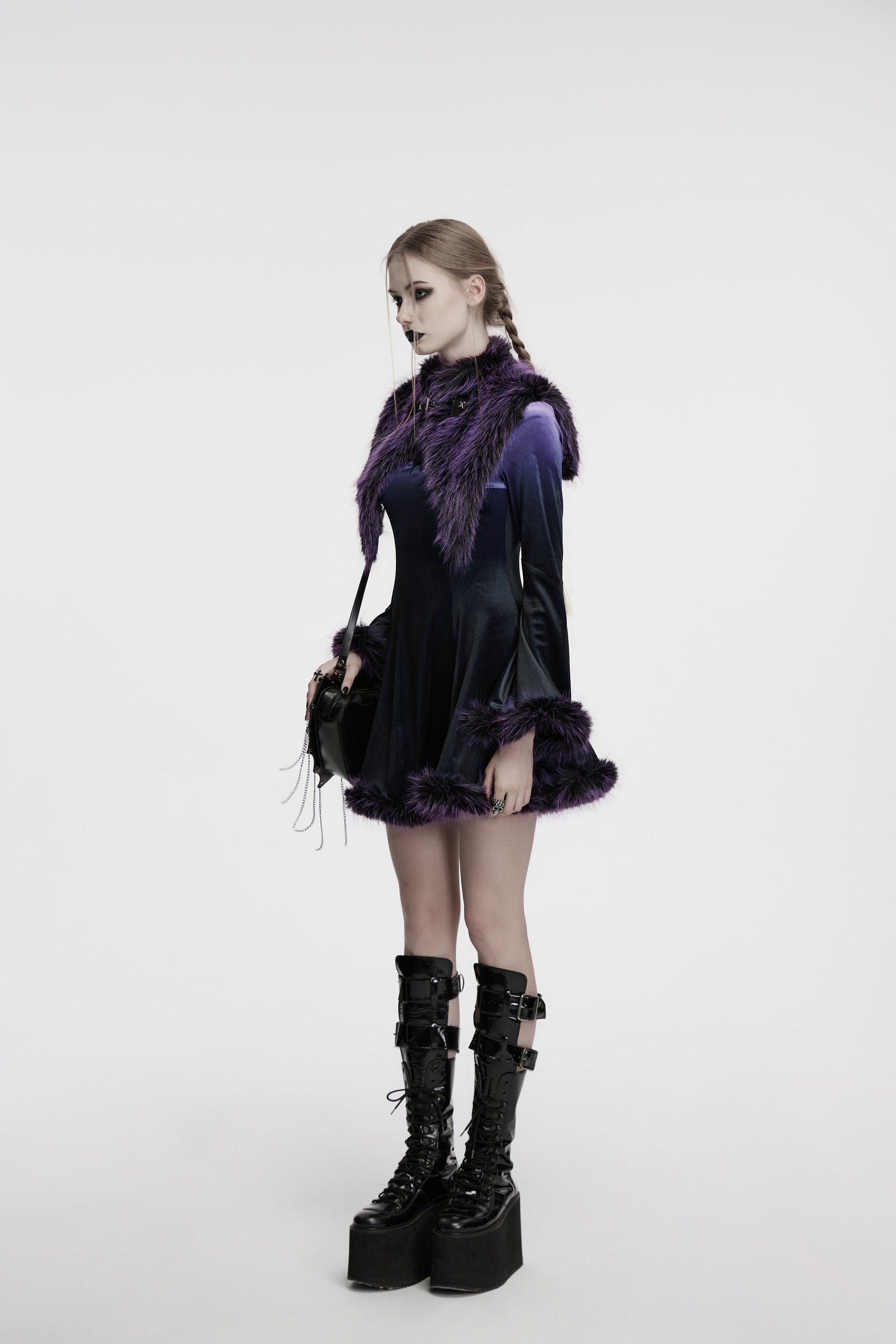 Model wearing Punk Rave Lilith Gradient Faux Fur Shawl in Violet, styled over an alternative outfit, exemplifying eloquent gothic fashion.