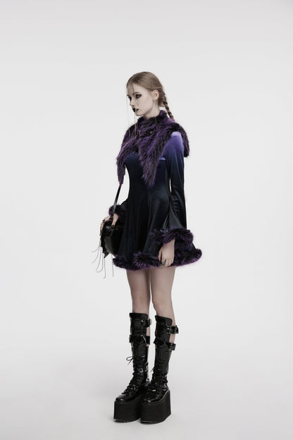 Model wearing Punk Rave Lilith Gradient Faux Fur Shawl in Violet, styled over an alternative outfit, exemplifying eloquent gothic fashion.