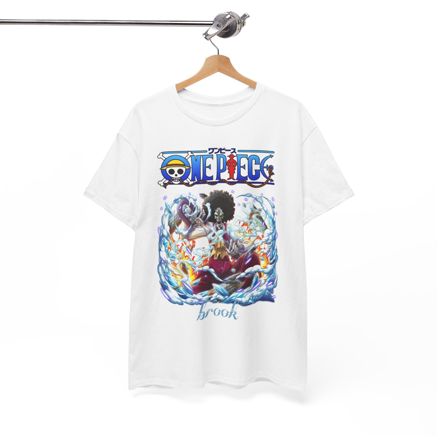 Luxurious white t-shirt featuring a stunning illustration of Brook from One Piece, exuding vibrant anime vibes and style.