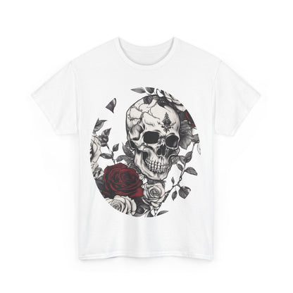 Skulls and Roses Cotton Tee, Unisex Graphic Shirt featuring a striking steampunk skull design entwined with vibrant roses.