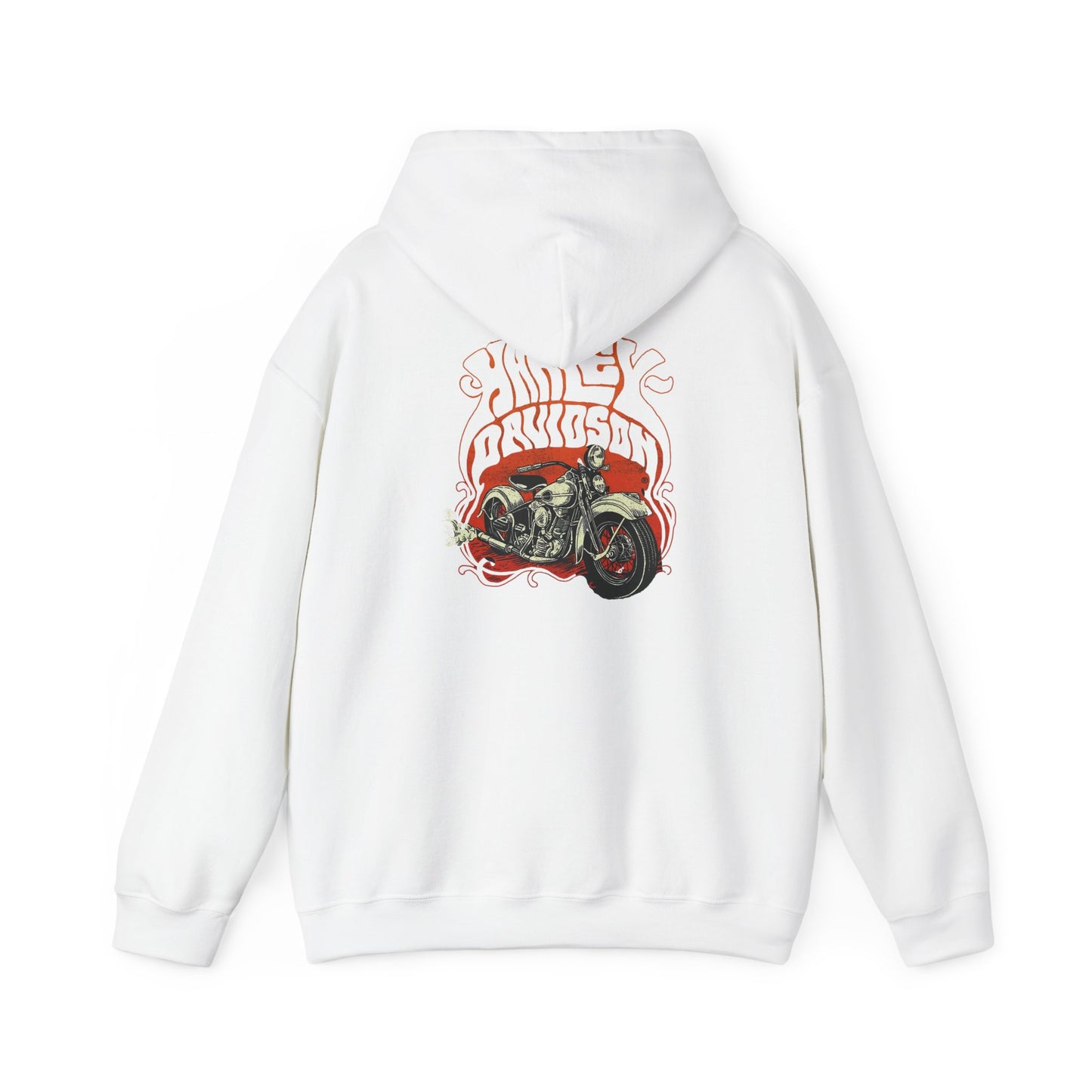 Elegant vintage Harley Davidson back print hoodie showcasing a striking motorcycle graphic, featuring bold typography and a complementary fiery orange backdrop. Ideal for bikers and fashion enthusiasts, this luxurious hoodie embodies style and comfort.