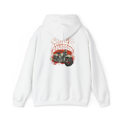 Elegant vintage Harley Davidson back print hoodie showcasing a striking motorcycle graphic, featuring bold typography and a complementary fiery orange backdrop. Ideal for bikers and fashion enthusiasts, this luxurious hoodie embodies style and comfort.