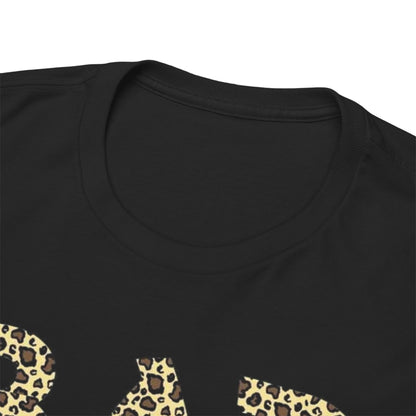 Close-up detail of the Bad And Boozy St. Patrick's Day T-Shirt, showcasing the luxurious leopard print design on a soft black fabric.