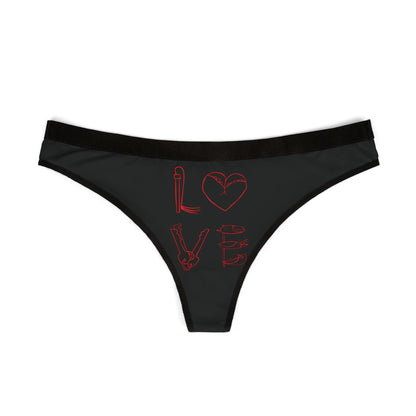 Elegant black thong with a bold 'LOVE' illustration in red, offering a blend of humour and allure, ideal for romantic occasions.