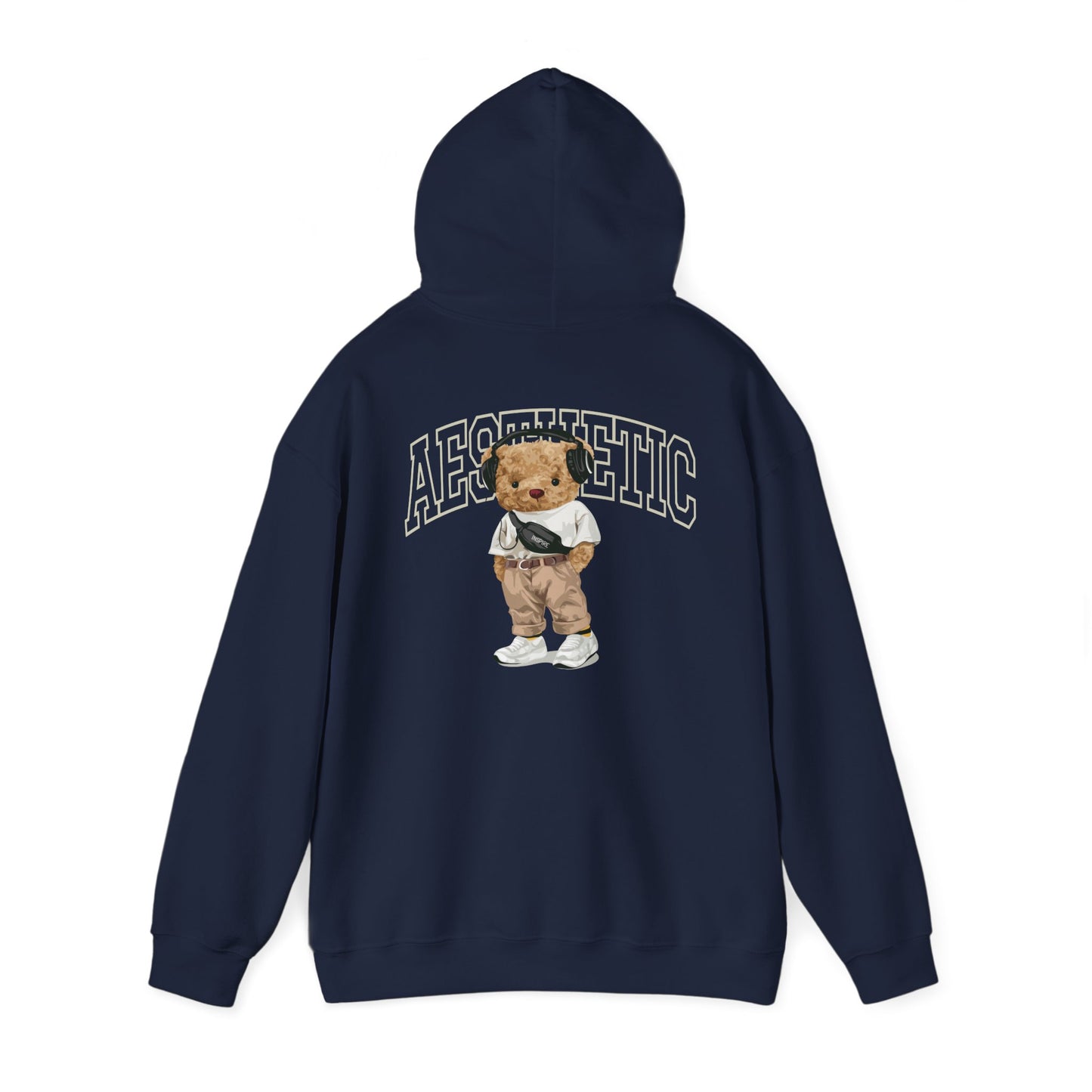Elegant navy blue hoodie showcasing a whimsical teddy bear graphic, complete with trendy attire, perfect for a stylish and comfortable outfit.