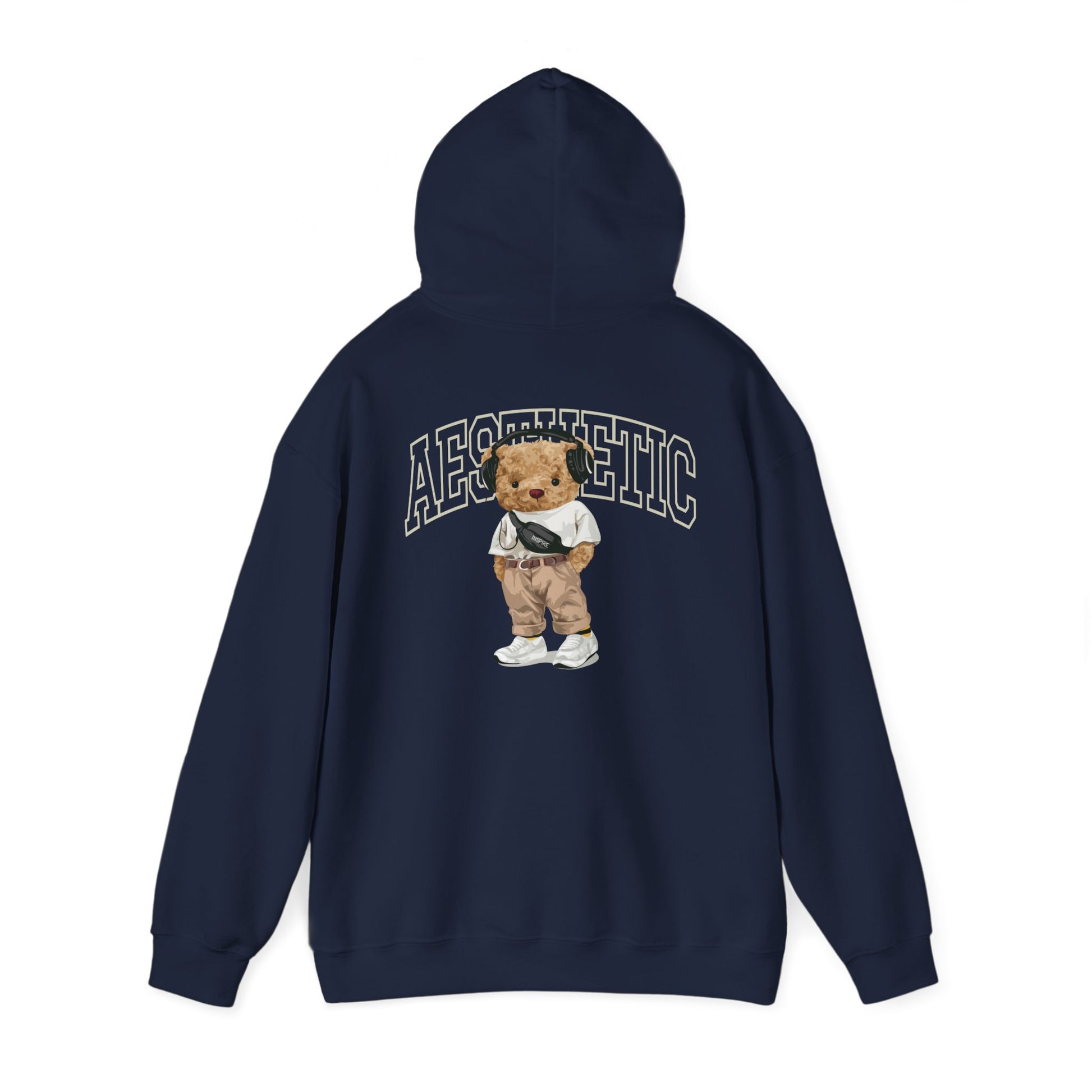 Elegant navy blue hoodie showcasing a whimsical teddy bear graphic, complete with trendy attire, perfect for a stylish and comfortable outfit.