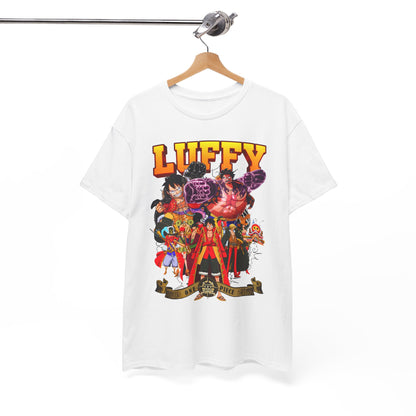 White t-shirt adorned with a dynamic graphic of Luffy, elegantly hanging on a wooden hanger, perfect for stylish presentations of anime apparel.