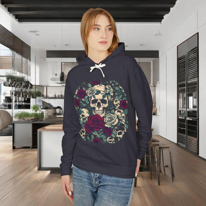 Unisex Lightweight Hooded Sweatshirt featuring a unique designer skull and roses, modelled against a modern kitchen backdrop, epitomising an edgy yet elegant style.