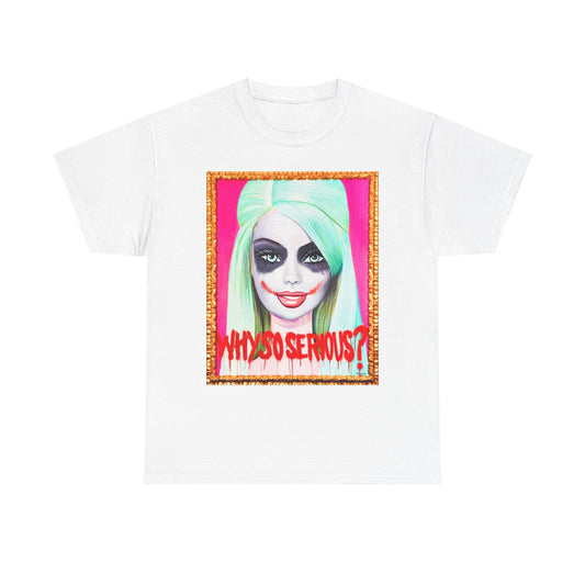 Chic Why So Serious Joker Barbie Women's Graphic T-Shirt in an elegant design. The shirt showcases a captivating Barbie character with bold makeup, perfect for making a fashionable statement.
