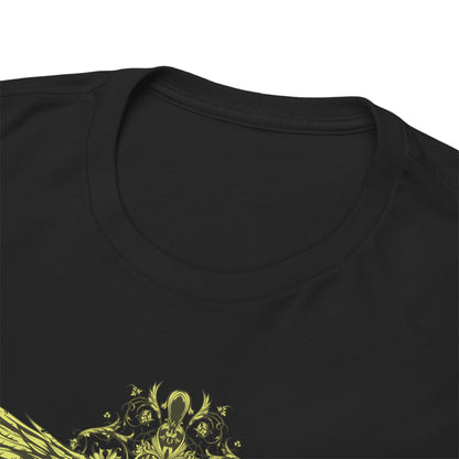 Close-up view of the neckline of an ornate men's t-shirt featuring a decorative cross and stylized wings in vibrant yellow-gold against a dark olive-brown background.
