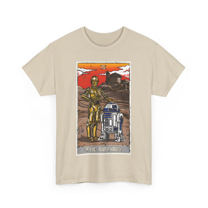 Luxurious Droids Tarot Card Graphic T-Shirt featuring C-3PO and R2-D2, elegantly displayed against a desert backdrop, ideal for Star Wars fans.