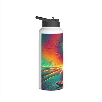 Stylish Fantasy Paddleboarding Stainless Steel Water Bottle featuring a picturesque sunset over water, highlighting its luxurious design ideal for paddleboarding enthusiasts.