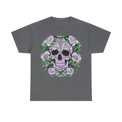 Skulls and Roses Cotton Tee, Unisex Graphic Shirt, 7 color choices, featuring a premium dark grey tee with an artistic portrayal of skulls and roses in a luxurious design.