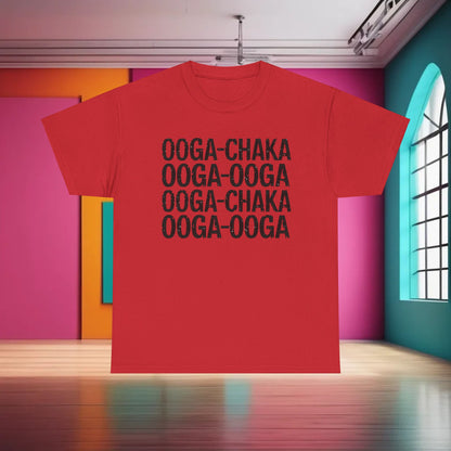 Elegant red graphic t-shirt for all genders titled 'Hooked On a Feeling' featuring the words 'Ooga Chaka' displayed prominently in black, presented in a contemporary artistic space.
