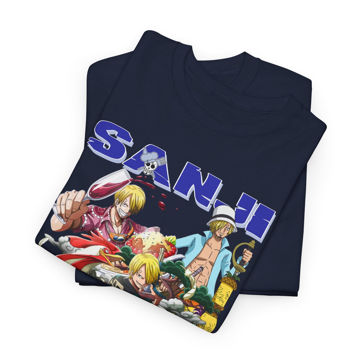 Luxurious navy blue t-shirt with striking Sanji anime graphic, embodying the essence of One Piece, designed for both comfort and style.