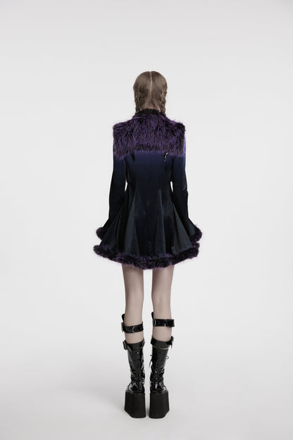 Detailed view of the wide shoulder cut of the Punk Rave Lilith Faux Fur Shawl in Violet, enhancing silhouette and elegance.