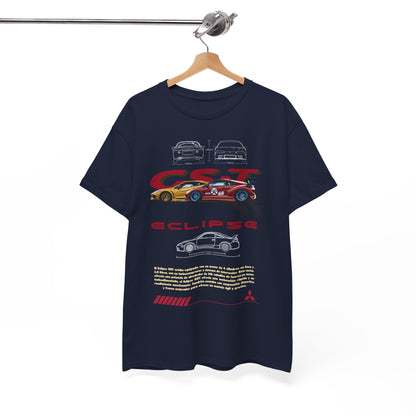 Chic navy blue Mitsubishi Eclipse GST t-shirt displayed on a hanger, featuring detailed graphics of the legendary car and specifications, embodying a blend of luxury and automotive passion.