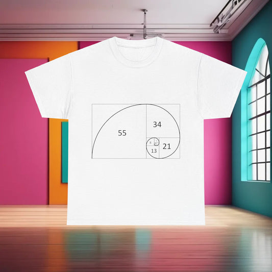 Fibonacci Spiral Space Tee showcased on a plain background, highlighting the sophisticated design of the Fibonacci spiral, perfect for those who appreciate art and science.