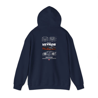 An elegant navy hoodie displaying a detailed Bugatti Veyron back print, merging luxury fashion with car enthusiast culture.