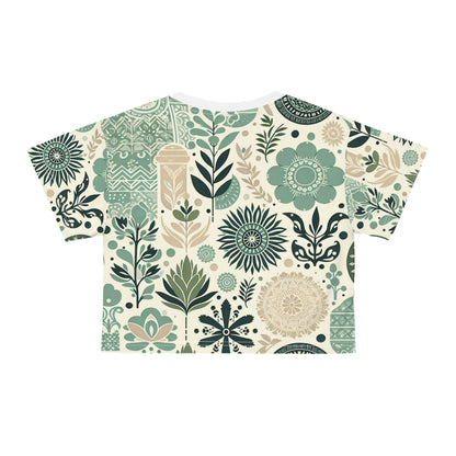 Sophisticated depiction of Dazzling Dreams Studio crop top, highlighting luxurious silky polyester texture and trendy block print design.