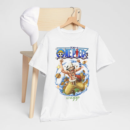 Elegant display of a Dynamic Usopp Men's T-Shirt featuring vibrant anime artwork, perfectly styled in a luxurious setting with a minimalist wooden chair and a cap, ideal for One Piece enthusiasts.