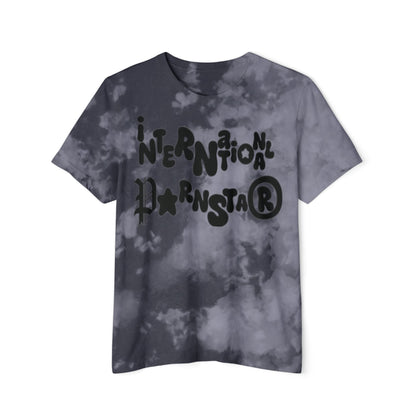 Stylish tie-dye t-shirt in grey tones adorned with bold black text 'INTERNATIONAL PARNSTAR®', a trendy addition for the modern wardrobe.