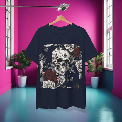 Skulls and Roses Cotton Tee showcased in a stylish interior, highlighting its unique steampunk skull design and vibrant colors.