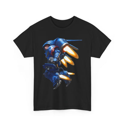 Elegant unisex black t-shirt adorned with a stunning graphic of a blue mecha, emitting bright orange flames, designed for style-savvy individuals.