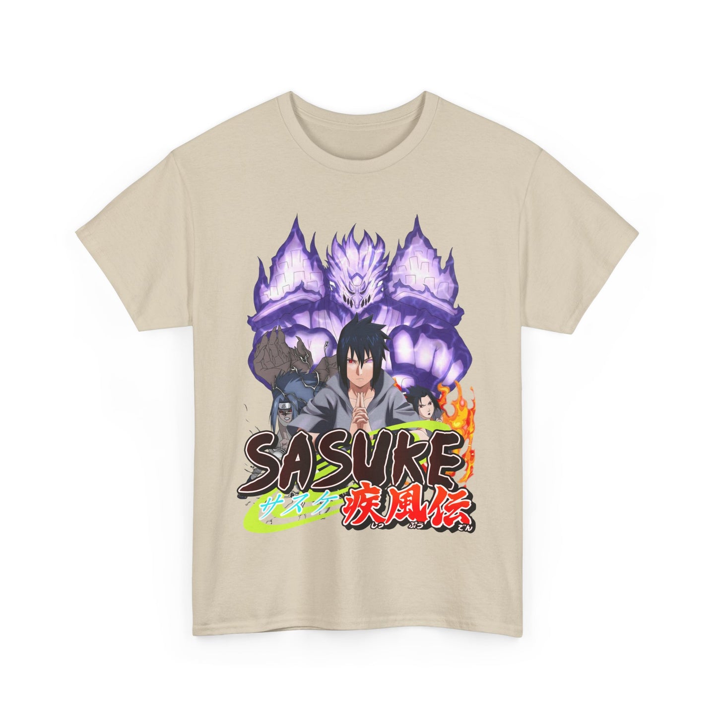 Sophisticated Sasuke Graphic Tee in a neutral beige shade, adorned with a captivating graphic of Sasuke, ideal for stylish anime fans.