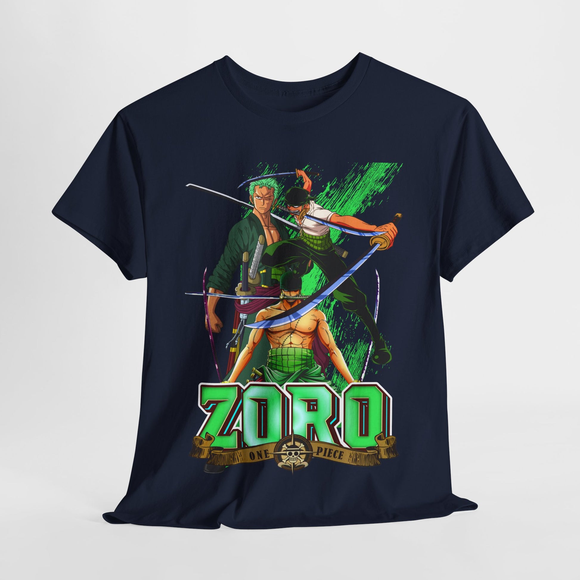 Elegant navy t-shirt showcasing a stunning graphic of One Piece characters, perfect for casual or convention wear, appealing to anime enthusiasts.