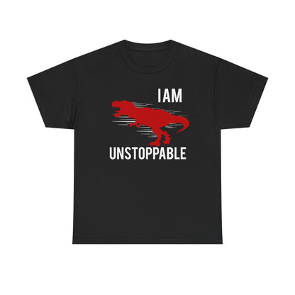 Elegant black men's T-shirt adorned with a vibrant red T-Rex design and the empowering phrase 'I AM UNSTOPPABLE', a statement piece for confident fashion.