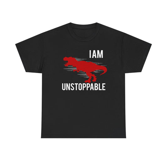 Elegant black men's T-shirt adorned with a vibrant red T-Rex design and the empowering phrase 'I AM UNSTOPPABLE', a statement piece for confident fashion.