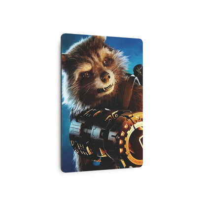 Marvel Guardians of the Galaxy Rocket Metal Art Poster featuring Rocket Raccoon, elegantly displayed to enhance any space with its high-quality finish and vibrant colours.